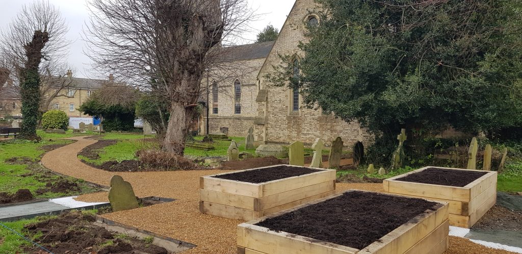 A photograph of the three new raised beds. They are made of wood and full of soil. In the background are three trees two with no leaves the other an evergreen. You can also see and the south side of the church. A new shingle path runs around the beds and winds off to the left toward the front of the church.  