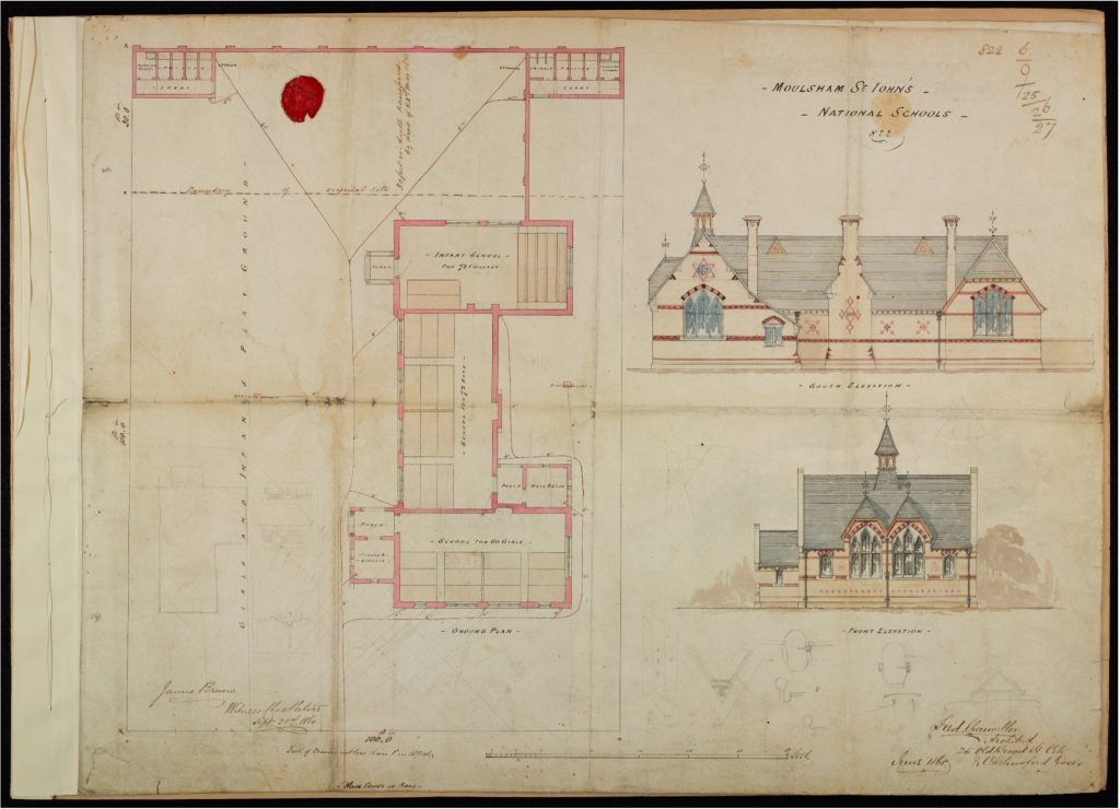 Architectural drawing of St John’s National School on Moulsham Street, showing ground plan, side and front elevations, with handwritten notes and red wax seal.
