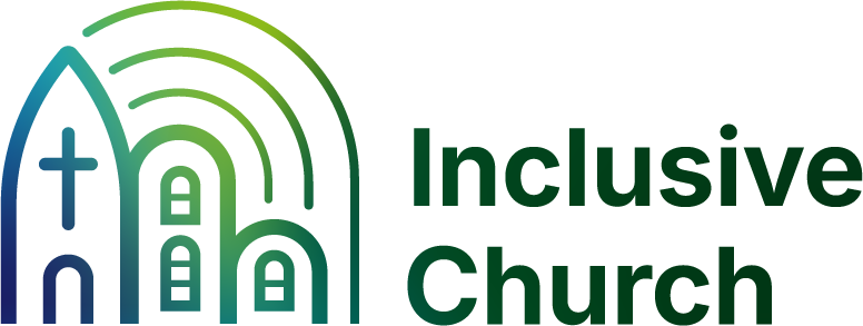 Logo reading “Inclusive Church” alongside a stylised church doorway icon with rainbow-like arches in blue and green.